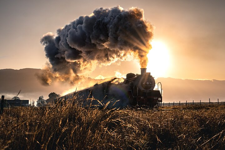 Steam rises as the train gracefully journeys through golden fields inviting travelers to unwind and embrace the timeless beauty of the Cape Town landscape. Adventure awaits on every curve!